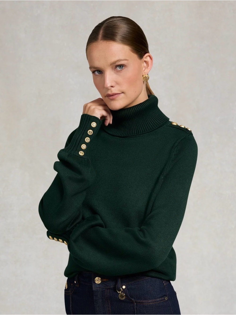 NWOT Holland Cooper Dark Green Gold Button Turtleneck Sweater NWOT